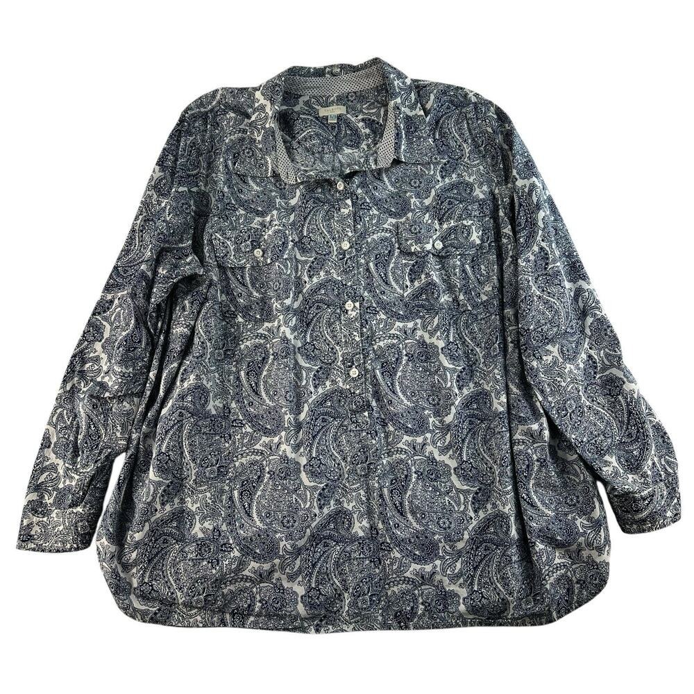Talbots Woman Plus 2x Shirt Button Up Top Blue Paisley Roll Tab Long Sleeve